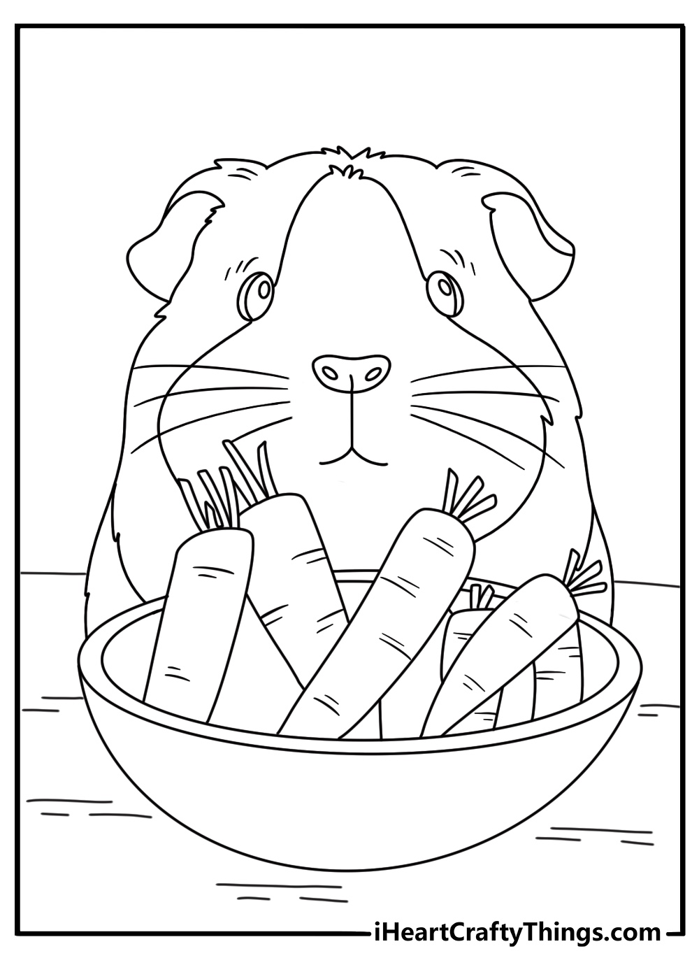 Free guinea pig printable featuring a carrot near a food bowl