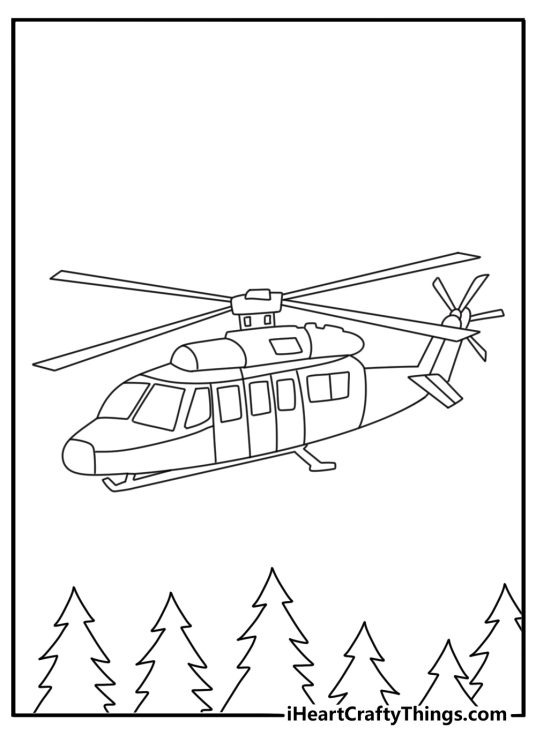Free helicopter coloring printable with a forest ranger helicopter above pine trees