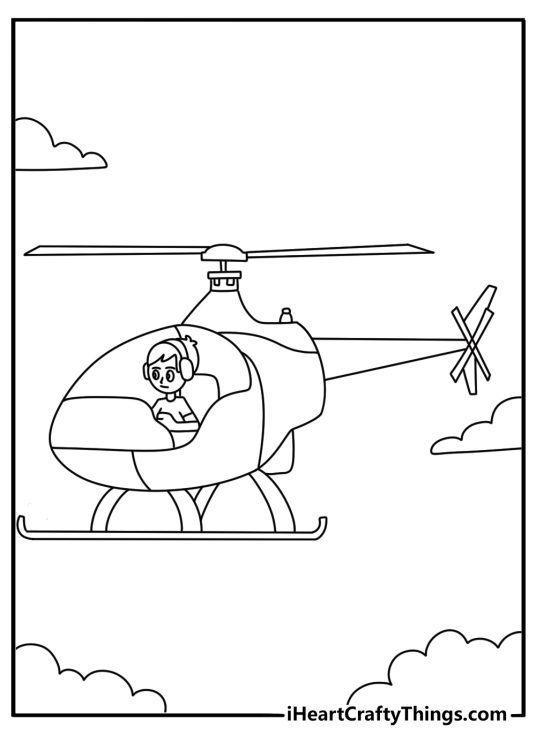 Free helicopter printable for kids with a cartoon pilot inside the cockpit