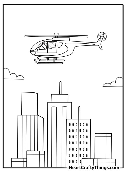 Free helicopter printable of a police helicopter flying above city buildings