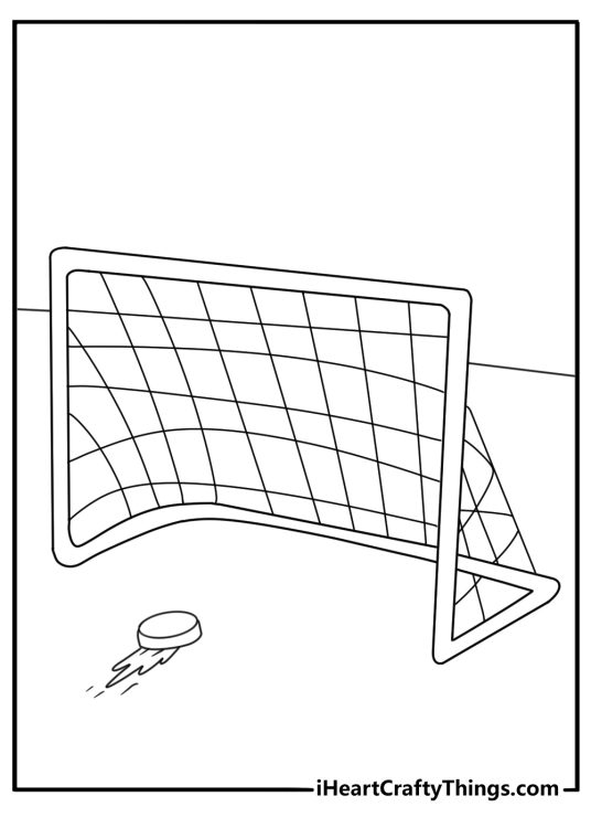 Free hockey coloring sheet showing a puck sliding toward an empty net
