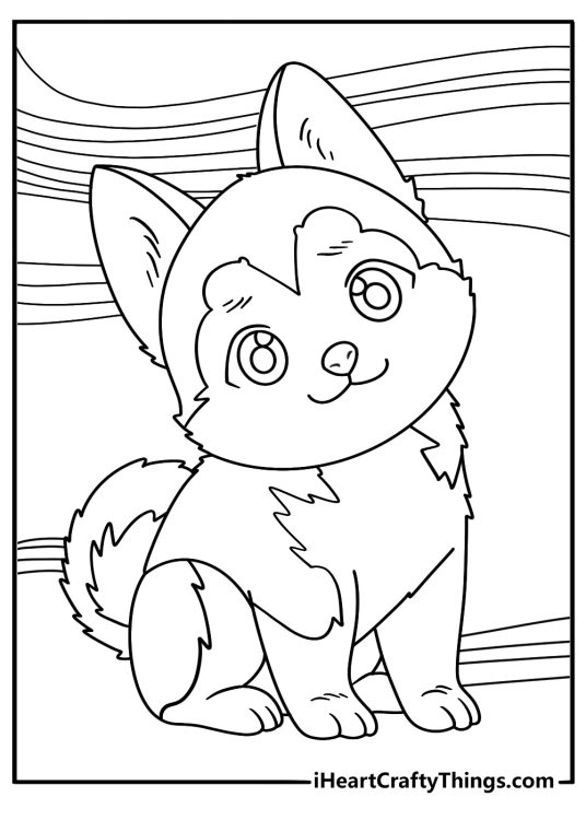 Free husky coloring sheet featuring a puppy under northern lights