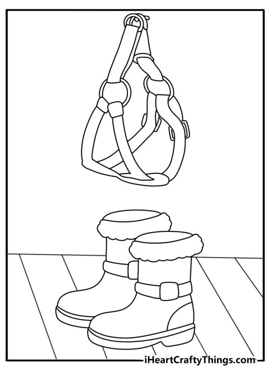 Free husky printable featuring a harness hanging near winter boots