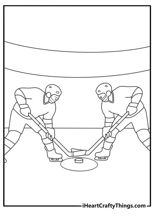 Free ice hockey printable featuring two players at a faceoff circle