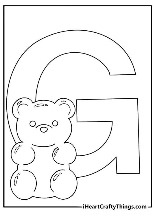 Free letter G coloring pages printable with a gummy bear beside the letter