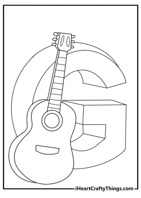 Free letter G printable with a guitar leaning against a bold G