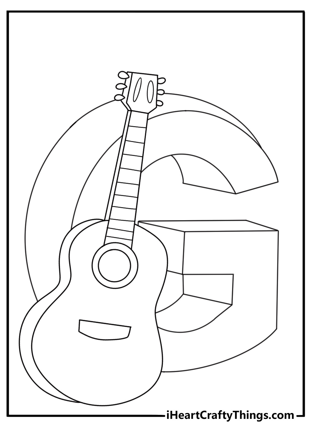 Free letter G printable with a guitar leaning against a bold G