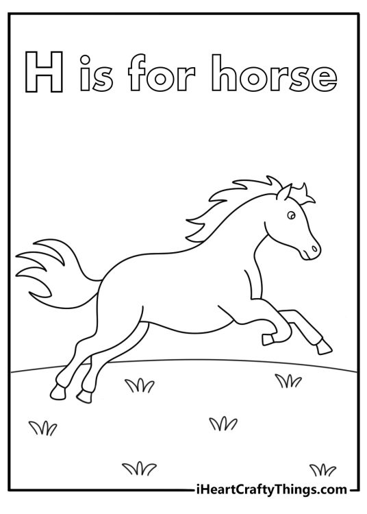 Free letter H coloring pages printable with a horse running across grass