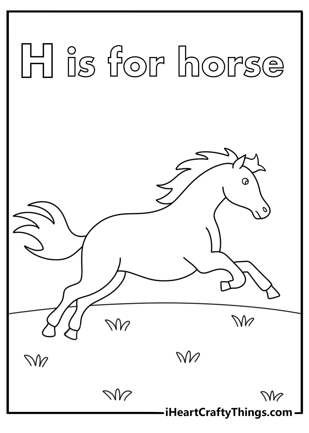 Free letter H coloring pages printable with a horse running across grass
