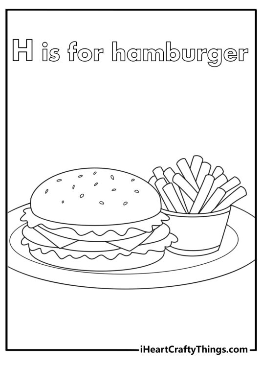 Free letter H coloring pages with a hamburger on a plate beside fries