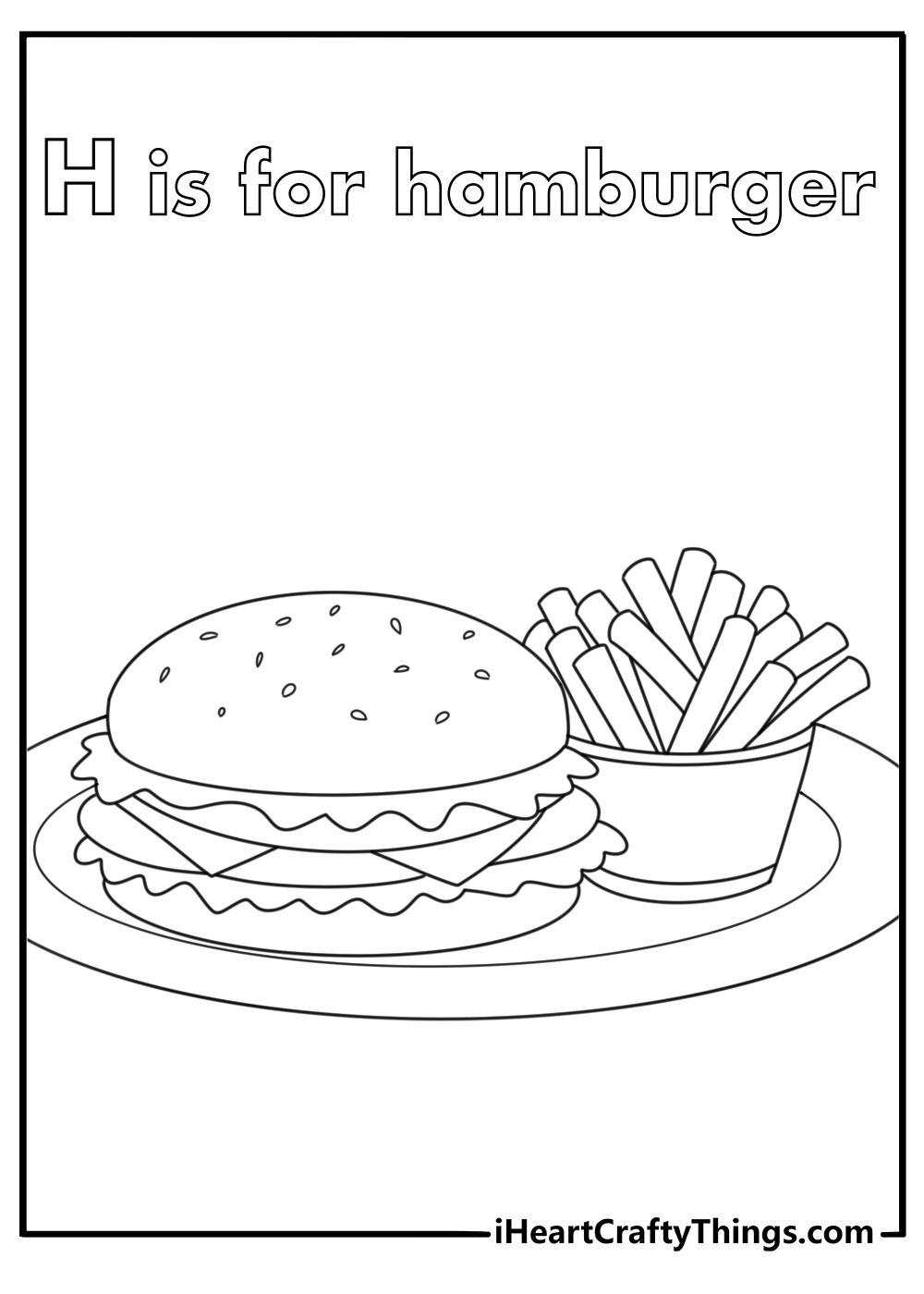 Free letter H coloring pages with a hamburger on a plate beside fries