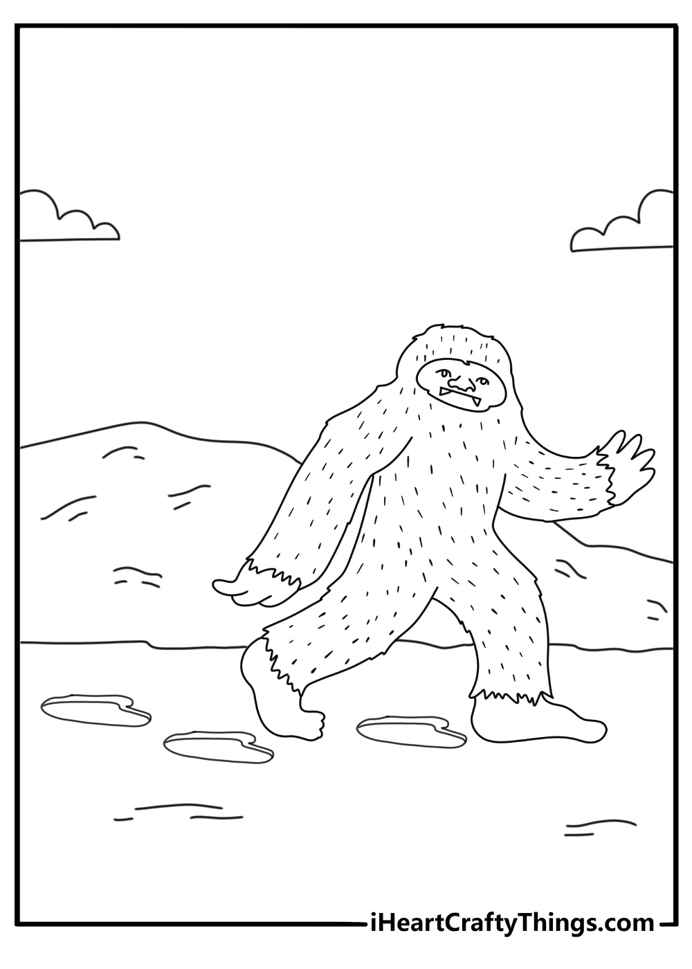 Free monster coloring page with a big footed beast leaving tracks in mud