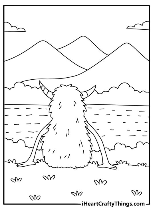Free monster coloring page with a furry giant sitting beside a mountain lake