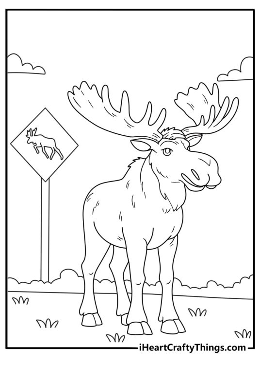 Free moose printable featuring a bull near a wildlife crossing sign