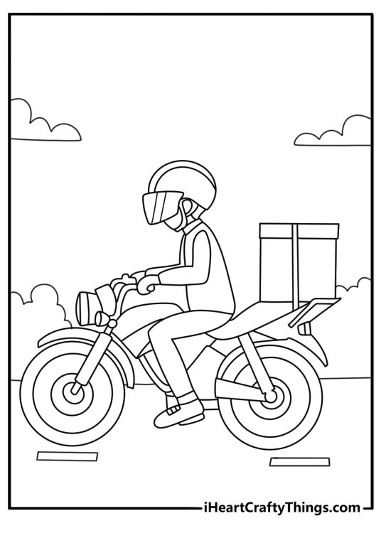 Free motorcycle coloring pages printable with a delivery motorcycle carrying food boxes