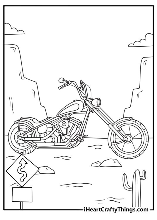 Free motorcycle printable of a chopper bike beside a desert road sign