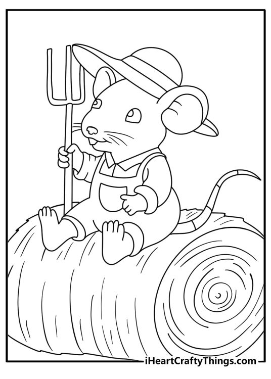 Free mouse coloring pages printable with a mouse on a farm hay bale
