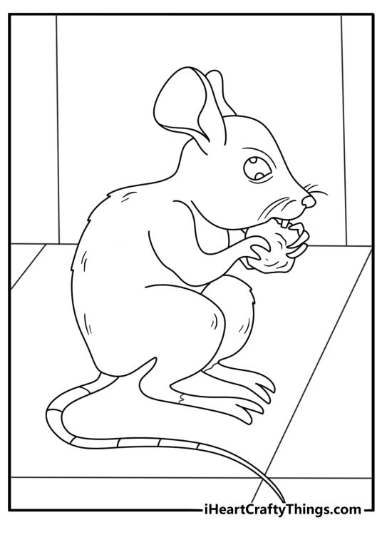 Free mouse printable of a mouse nibbling crumbs on a kitchen floor