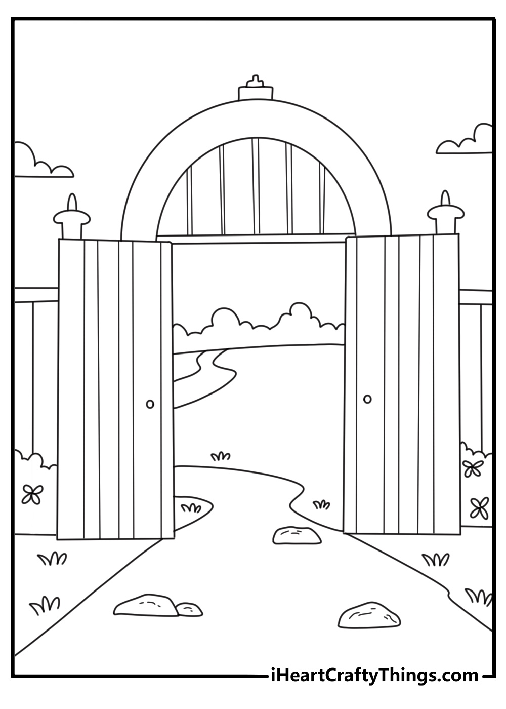 Free peace themed sheet showing an open gate beside a quiet path