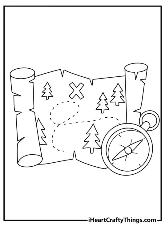 Free pirate coloring sheet of a treasure map with an X and a compass