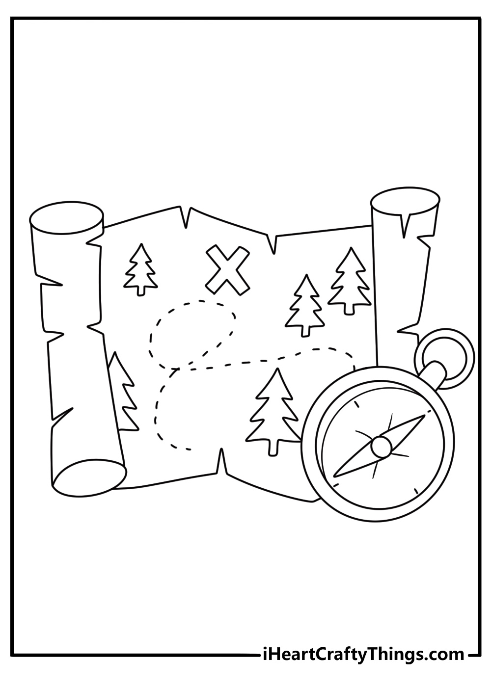 Free pirate coloring sheet of a treasure map with an X and a compass