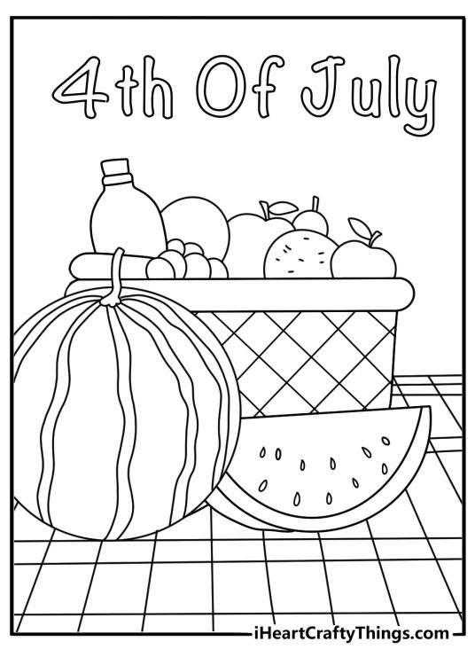 Free printable 4th of July coloring sheet with a watermelon picnic spread