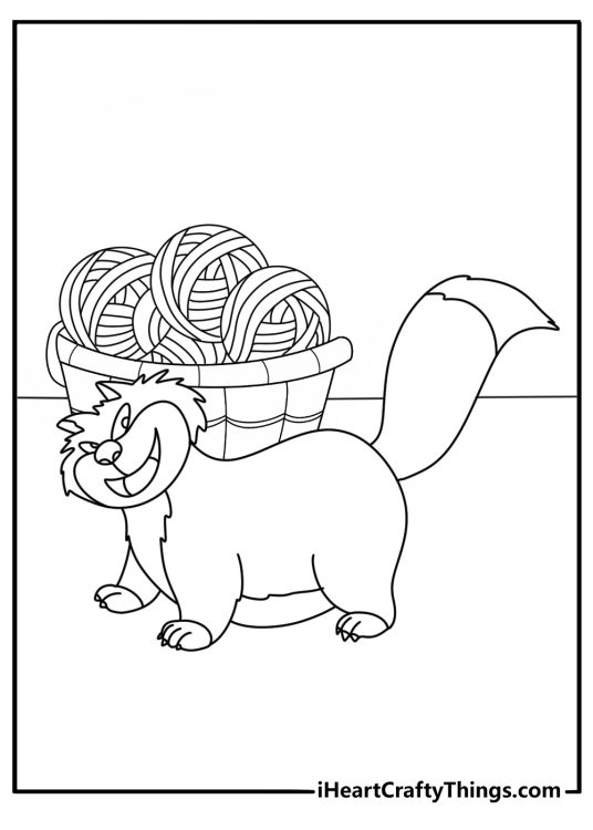 Free printable Cinderella coloring sheet with Lucifer the cat near a sewing basket