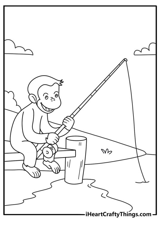 Free printable Curious George coloring page with George fishing from a small dock