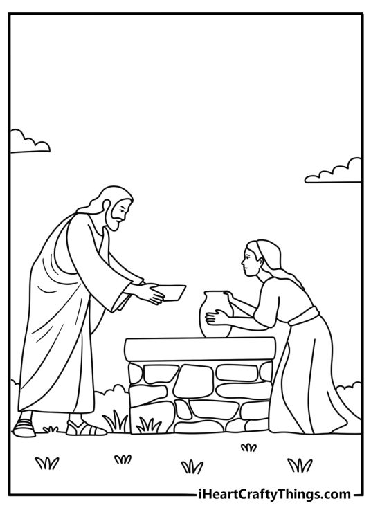 Free printable Jesus coloring pages with Jesus near a well in Samaria