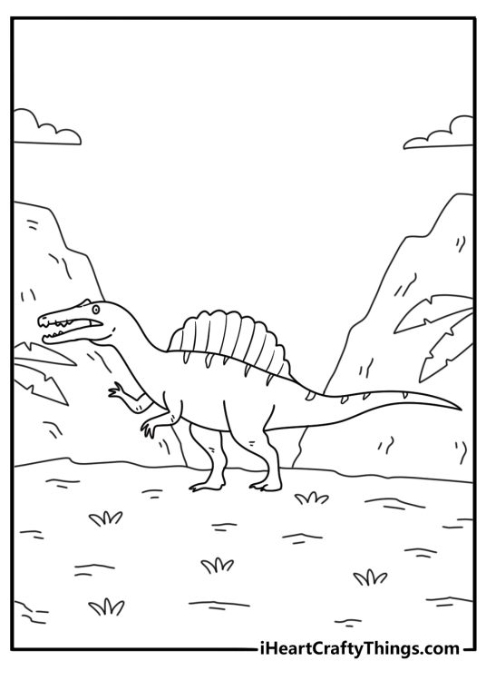 Free printable Spinosaurus coloring page with long crocodile like snout and sharp claws