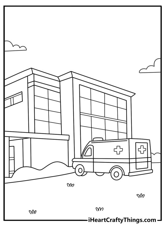 Free printable ambulance coloring pages showing an emergency van outside a hospital