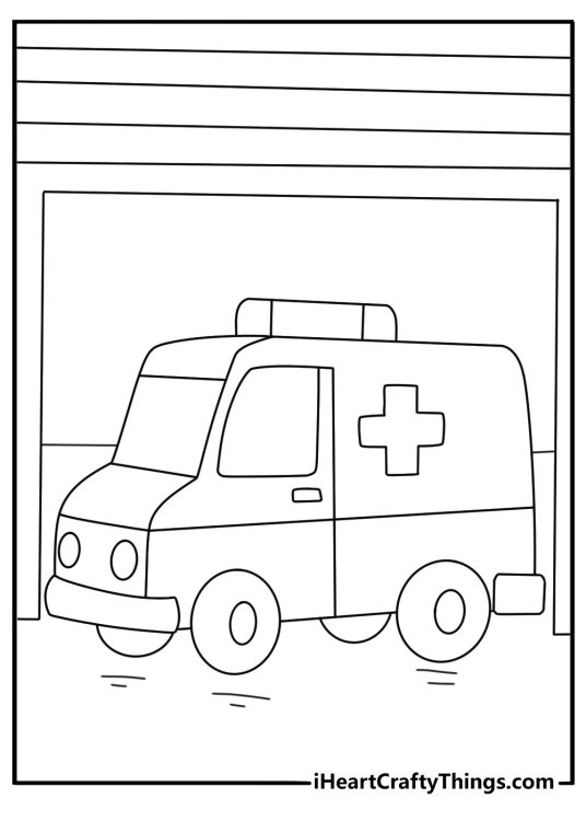 Free printable ambulance coloring pages with a child friendly rescue van in a garage