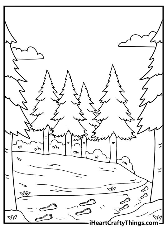 Free printable coloring page for kids featuring Bigfoot footprints winding along a pine trail