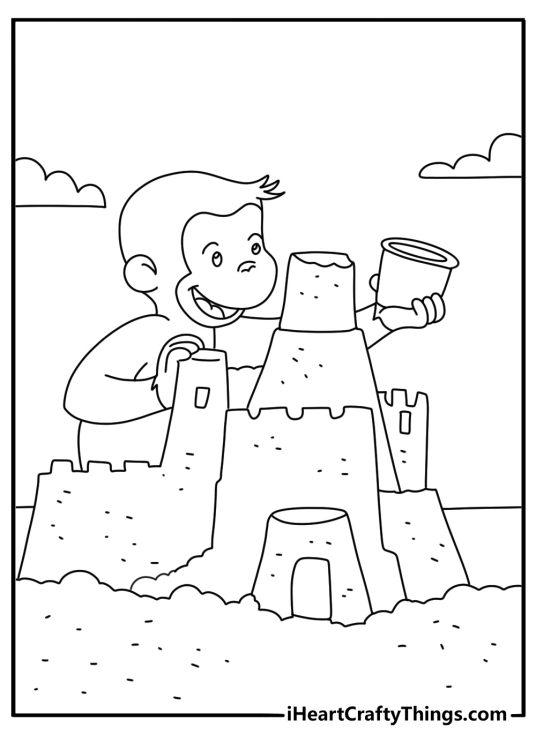 Free printable coloring page of George building a sandcastle at the beach