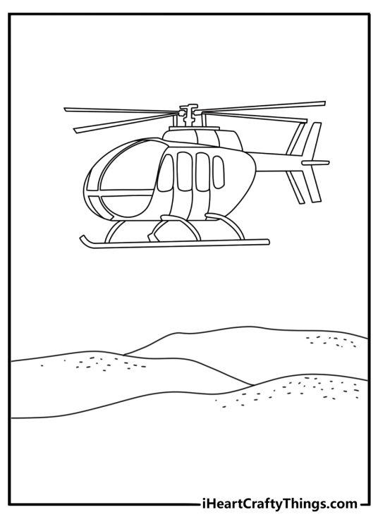 Free printable coloring page of a desert helicopter near sand dunes