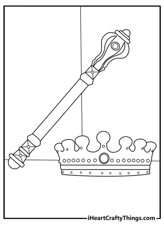 Free printable coloring page of a queens crown beside a long scepter
