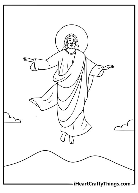 Free printable coloring sheet of Jesus ascending above the mount
