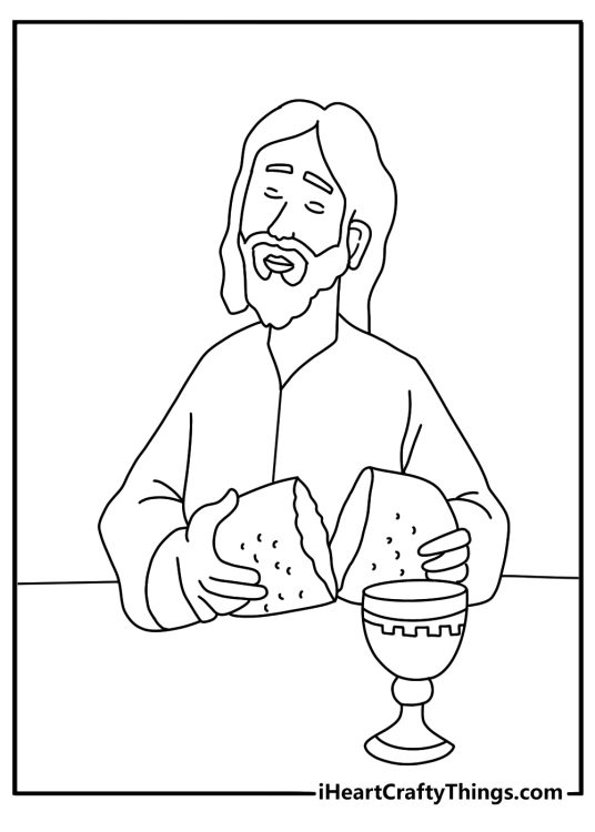 Free printable coloring sheet of Jesus at the Last Supper with bread and cups