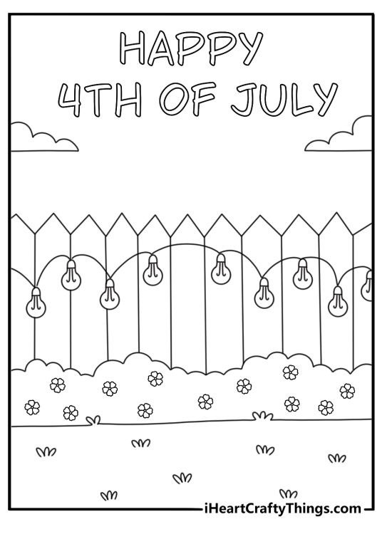 Free printable coloring sheet of a backyard fence with string lights and flags