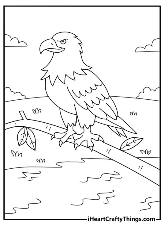 Free printable coloring sheet of a bald eagle perched beside a river