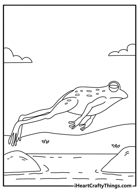 Free printable coloring sheet of a frog hopping across stepping stones