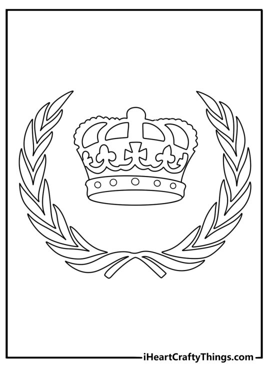Free printable crown coloring page with a royal emblem under a crown