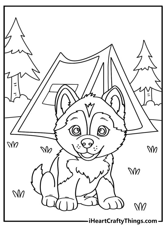 Free printable dog sheet showing a puppy near a camping tent