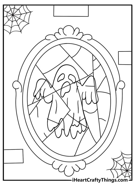 Free printable ghost sheet showing a ghost beside a broken mirror