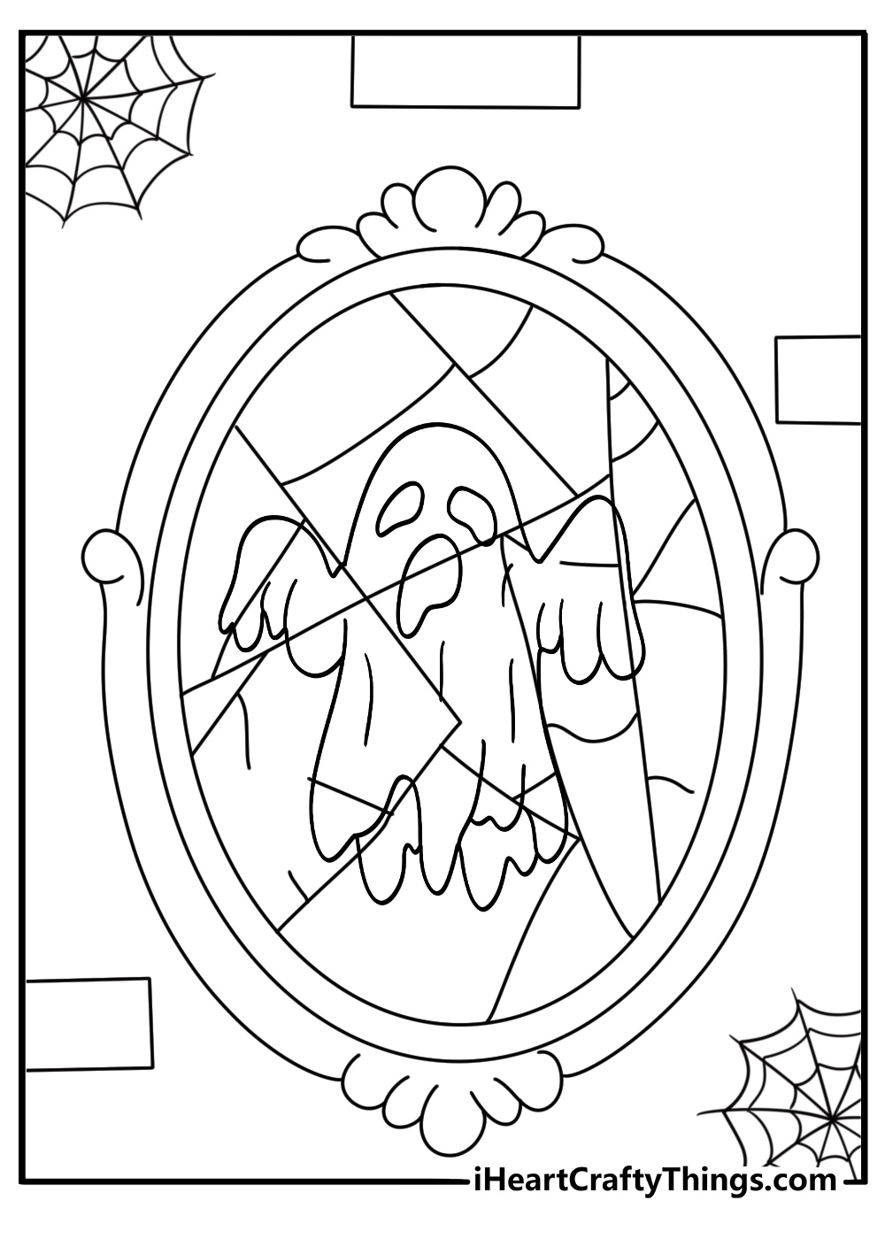 Free printable ghost sheet showing a ghost beside a broken mirror