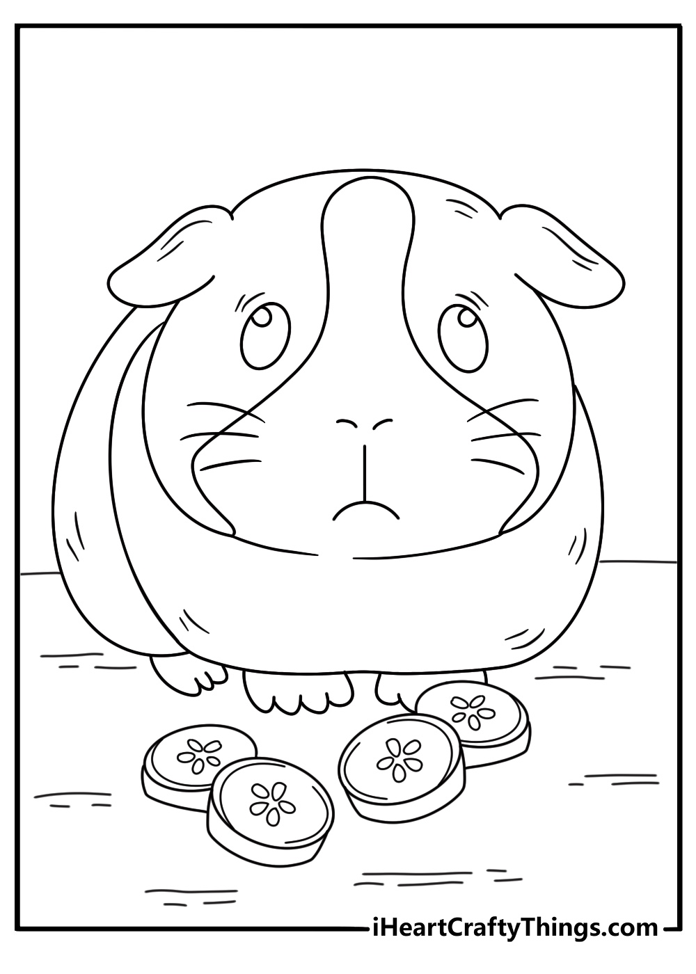 Free printable guinea pig sheet showing a pet beside cucumber slices