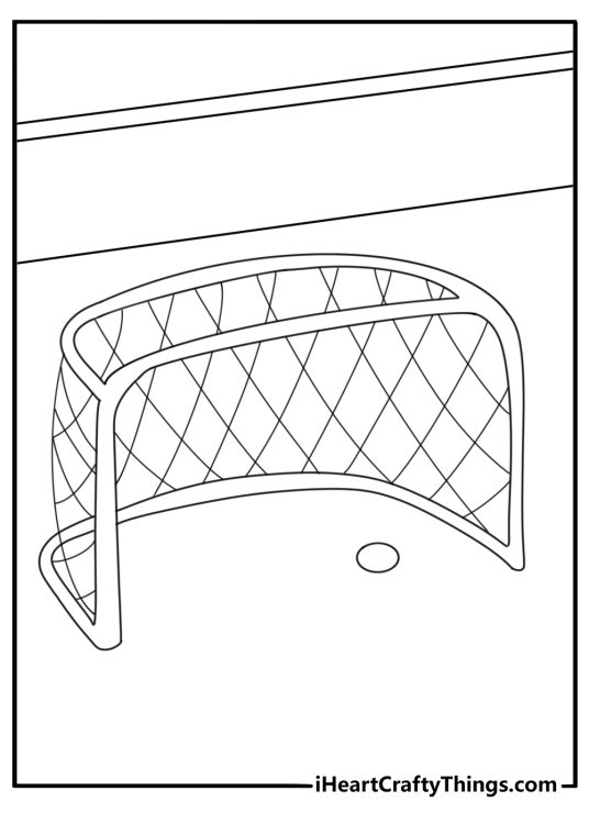 Free printable hockey sheet with a puck resting inside the goal