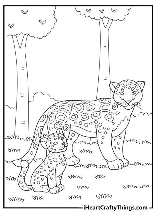 Free printable jaguar coloring sheet of mother jaguar with cub walking