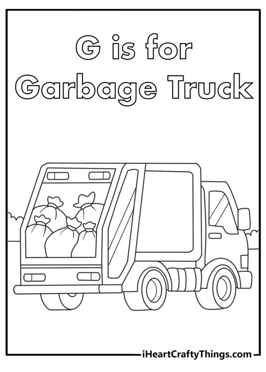 Free printable letter G coloring sheet with a garbage truck beside a road