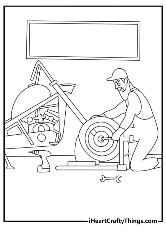 Free printable motorcycle coloring sheet with a motorcycle mechanic fixing a wheel